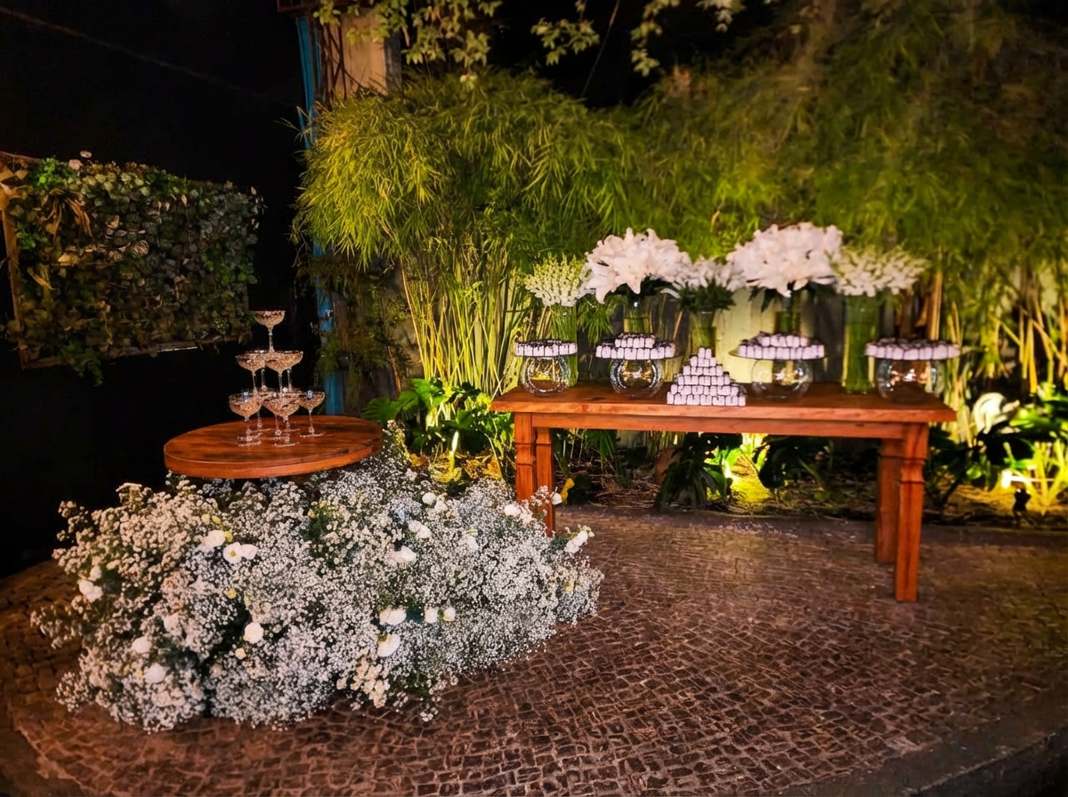 Jardim noturno com mesa de doces e flores brancas